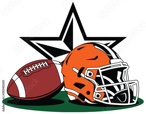 Orange American Football Helmet and Ball on Grass with a Black and White Checkered Star Background, dynamic sports championship concept with bold contrast design and competitive game atmosphere.