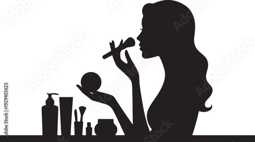 Woman applying makeup with various beauty products