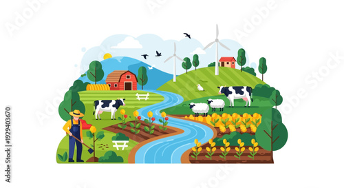 Vibrant Farm Landscape Illustration with Farmer, Livestock, Crops, River, and Wind Turbines Representing Sustainable Rural Life and Agriculture