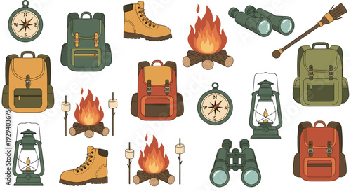 Camping Gear Collection Featuring Backpacks Boots Lanterns Campfires Binoculars And Compasses For Outdoor Adventures And Hiking Trips