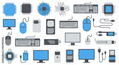 Collection of computer hardware and electronic components including processors monitors keyboards and mice