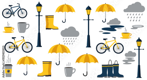 Autumnal Scene with Bicycles Umbrellas Rain Boots Coffee Cups and Street Lamps Illustrating Cozy Rainy Day Comfort and Outdoor Activities