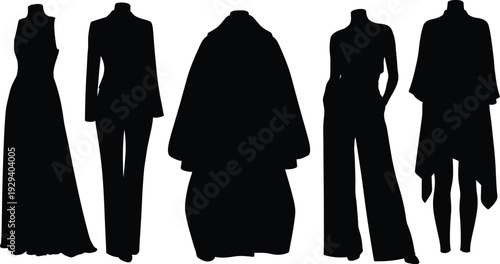 Collection of five luxury women's fashion silhouettes, black vector icons of evening gowns, tailored suti, and oversized coats isolated on white.