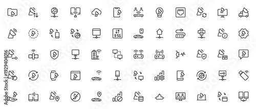 Network Icon Set. Minimal thin line web icons. Includes symbols for wifi, connection, server, cloud, data transfer, firewall, signal and more. Editable vector illustration.