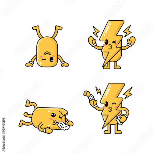 Cartoon lightning bolt character set with different emotions and actions