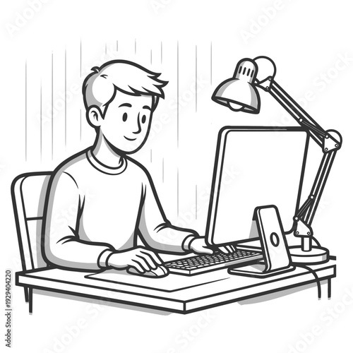 young man typing on a desktop computer at a tidy desk, symbolizing study, remote work, and productivity sketch engraving generative ai vector illustration. Scratch board imitation. Black and white.