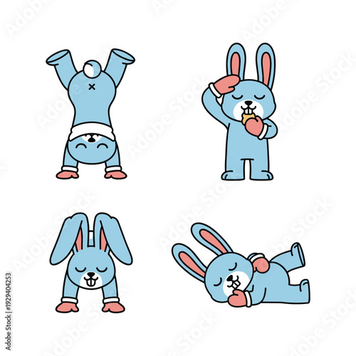 Cartoon blue rabbit exercising and relaxing in various yoga poses with copy space