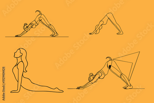 Abstract yoga silhouette collection featuring downward dog and cobra poses in minimalist black line art against vibrant orange background design.