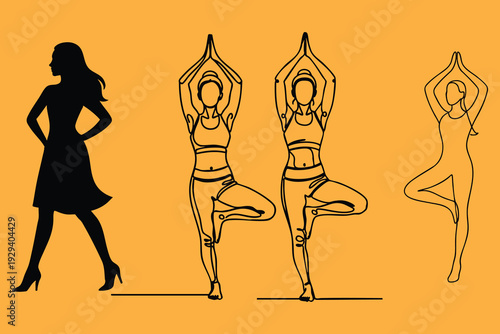 Stylized female silhouette and yoga tree pose artwork contrasting fashion elegance with fitness balance in minimalist line art on orange background.