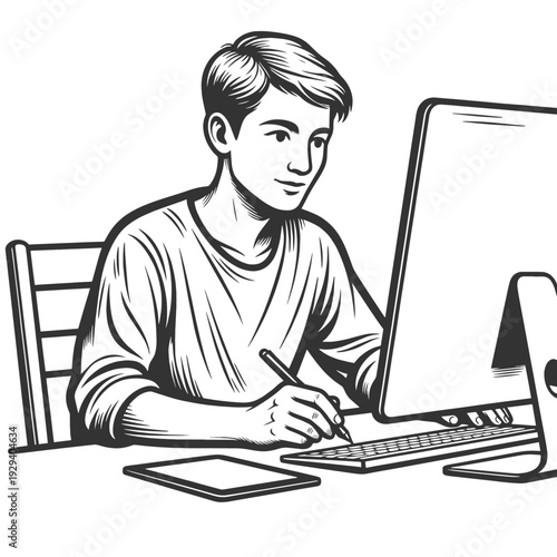 young man using a desktop computer with stylus and tablet, representing digital work, design, and education sketch engraving generative ai vector illustration. Scratch board imitation. Black and white