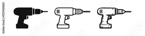 Bild auf Leinwand Cordless Drill Power Tool Icon Set: DIY, Construction, and Home Improvement Vect