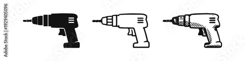 Electric Cordless Drill Icon Set for Home Improvement: Power Tool and Hardware Vector