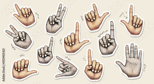 Illustration of various hands showing different sign language gestures from multiple viewpoints