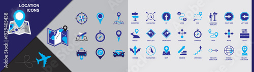 Illustration of collection of various location services icons and symbols in blue hues