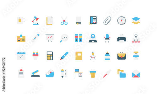 Minimal flat style stationery icons including office supplies, desk items, and organization tools for business, education, and productivity concepts isolated vector illustration