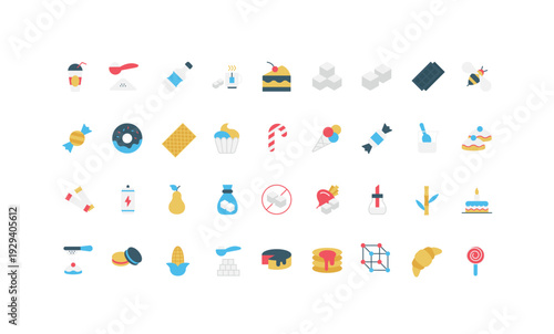 Colorful flat icons of sugar, candy, desserts, sweets, chocolate, and related food items for nutrition, confectionery, and ingredient concepts isolated vector illustration