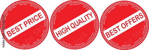 Collection of stickers for business promotion. Rounded red color labels. Best price, high quality, best offers. Vectors of labels for sales.