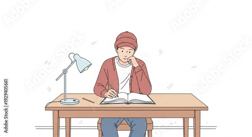 Young adult student studying with book and pen at wooden desk with lamp
