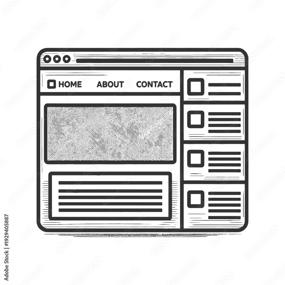 Fototapeta premium website layout wireframe with navigation menu and content blocks, web design, UI structure, and development sketch engraving generative ai vector illustration. Scratch board. Black and white.