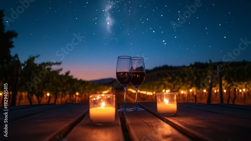 Romantic evening in vineyard with wine glasses and candles under starry sky
