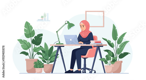 Female freelancer working at a desk with laptop amidst leafy houseplants in a bright home office.