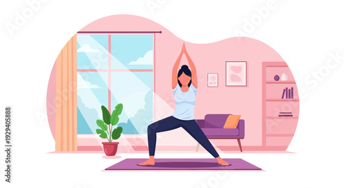 Person practicing yoga at home in a bright pink living room on a mat.