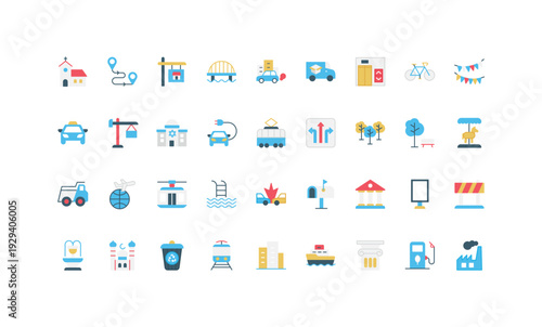 Modern flat icons representing city life, transport, infrastructure, buildings, and urban elements for contemporary living and planning concepts isolated vector illustration
