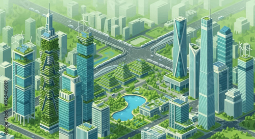 Futuristic green cityscape with towering glass skyscrapers, lush parks, and winding waterways.