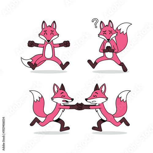 Cartoon foxes playing tug of war with confused expression on white background