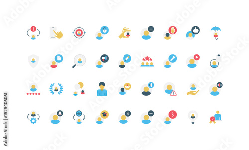 User account flat icons set includes profile, security, settings, notifications, rating, and management concepts in modern minimal style isolated vector illustration