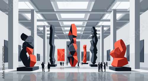 Modern art gallery interior with red geometric chairs and visitors exploring contemporary exhibits.