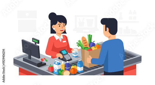 Cashier Assists Customer at Checkout With Groceries and Produce.