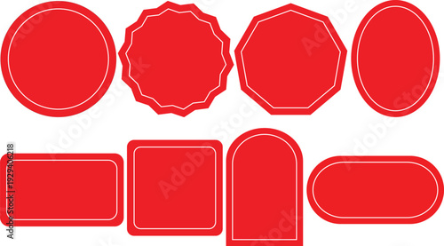 Collection of red color, different shapes with a white line for business promotion labels and stickers. Different shape frames.