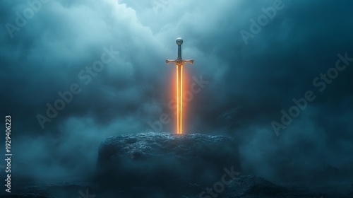 Glowing sword embedded in rock amidst mystical dark clouds