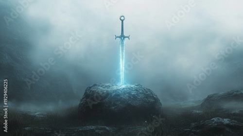 Mystical sword in stone on foggy landscape