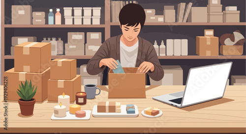 Person packing boxes in a small workshop with laptop, supplies, and packaging workflow.