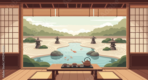 Tranquil Japanese Garden View from a Traditional Wooden Room Overlooking a Serene Pond.