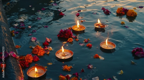 Floating candles and flowers on water during evening ritual ceremony