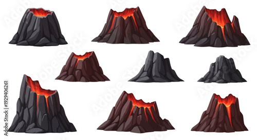 Set of stylized volcano icons featuring lava and lavaflow in a repeating vector pattern.