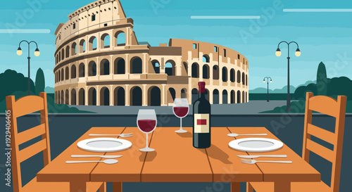 Outdoor Italian Terrace Dining beside the Colosseum at Sunset in Rome.