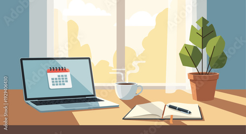 Cozy home office desk setup with laptop notebook and window view.