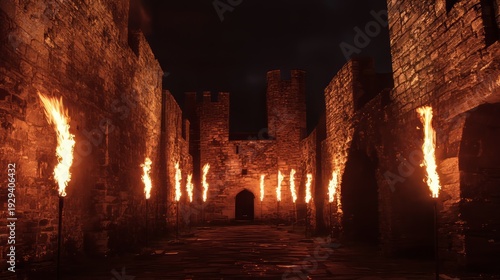 Medieval castle corridor illuminated by torches at night