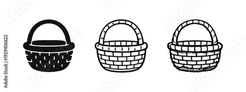 Empty Wicker Basket Icons Set in Silhouette, Outline, and Hand-Drawn Styles