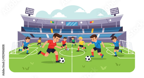 Animated soccer match in a stadium with bustling fans and players competing for the ball.