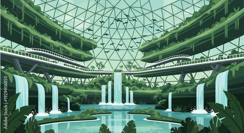 Futuristic Glass Dome Atrium with Indoor Pool, Waterfalls, and Lush Green Architecture.
