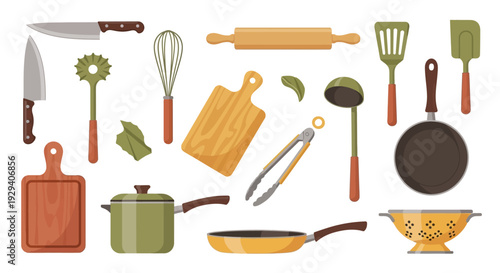 Assorted kitchen utensils and cookware including cutting boards and pots.