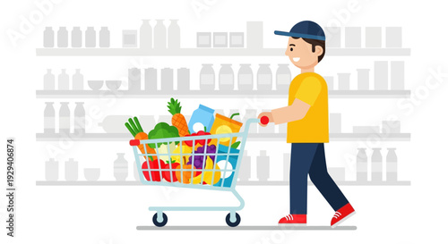 Active shopper pushing a grocery cart through a bright supermarket aisle full of fresh produce.