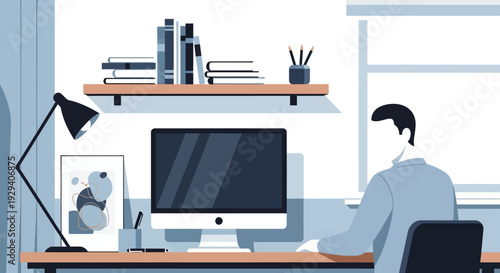 Person working at a modern home office desk with computer monitor and organized workspace.