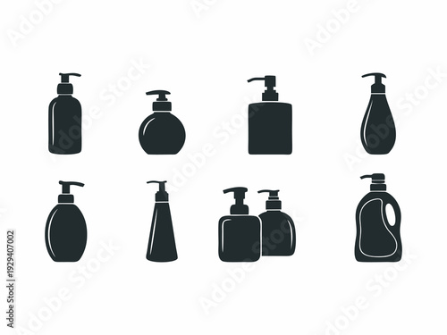Soap Dispenser Bottle Silhouettes Set, Plastic Pump Bottle Icons for Cosmetics and Hygiene