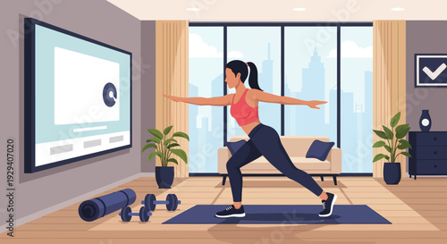 Person performing a home cardio workout on a treadmill while watching a television screen.